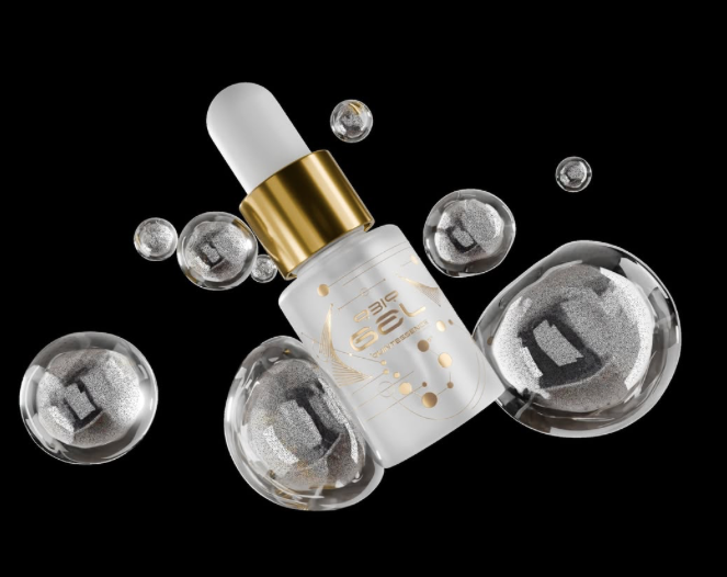 QBio Elixir bottle surrounded by translucent biomolecule forms